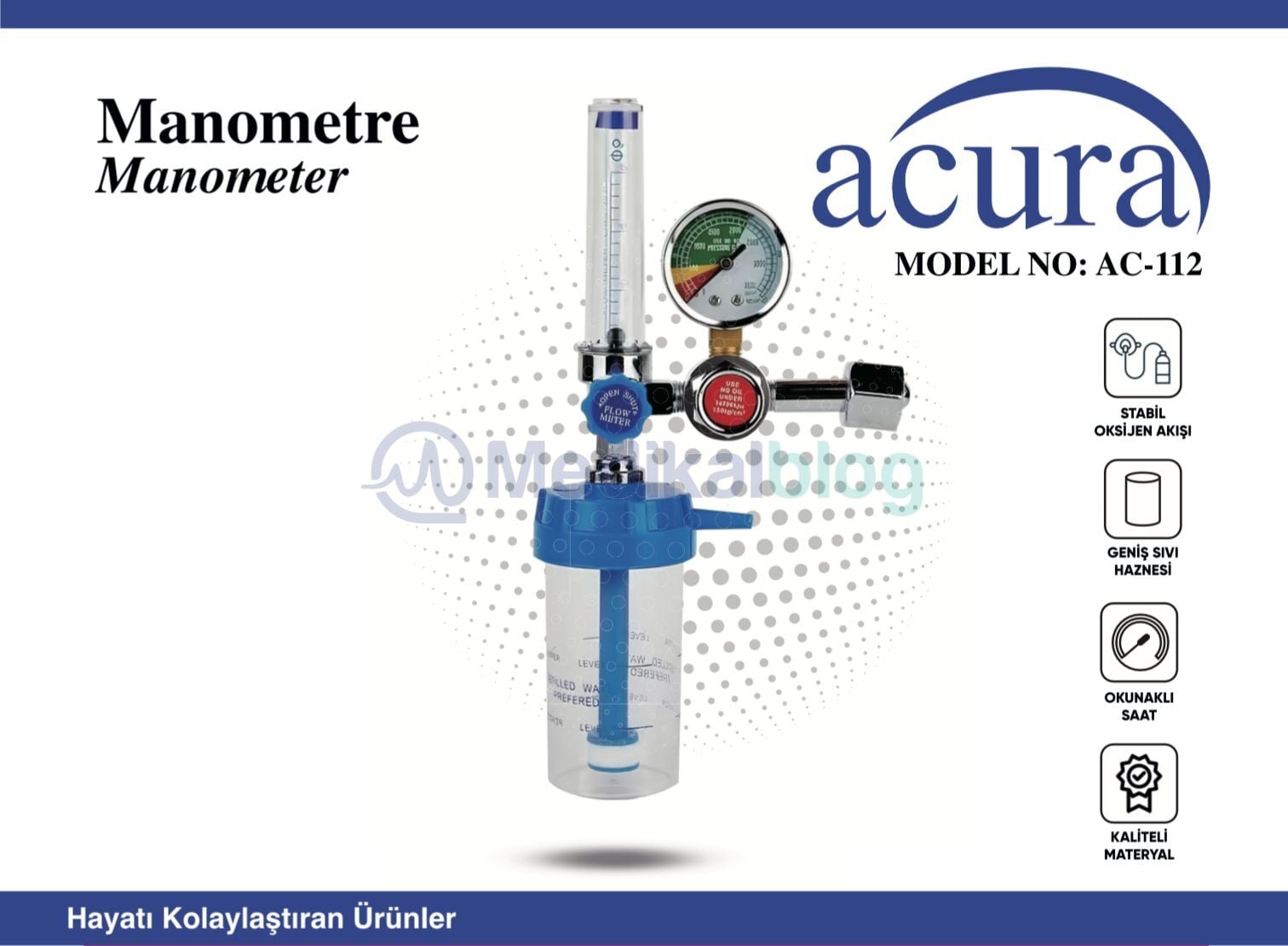 Oksijen Başlığı Seti - Oksijen Regülatörü ACURA AC112 Manometre