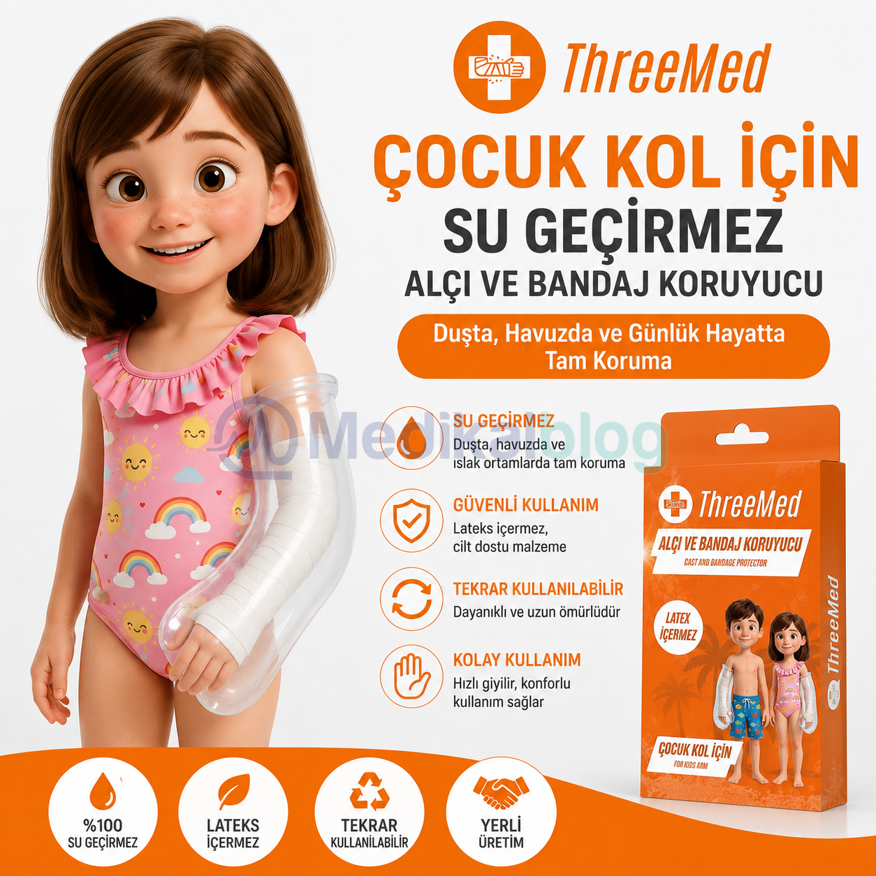 ThreeMed Çocuk Kol Alçı Koruyucu | Su Geçirmez Bandaj Koruyucu